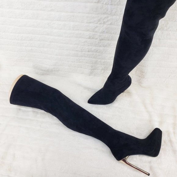 Girlz Revenge Faux Stretch Suede Black Sexy High Heel Pointy Toe Platform Boots - Picture 7 of 15